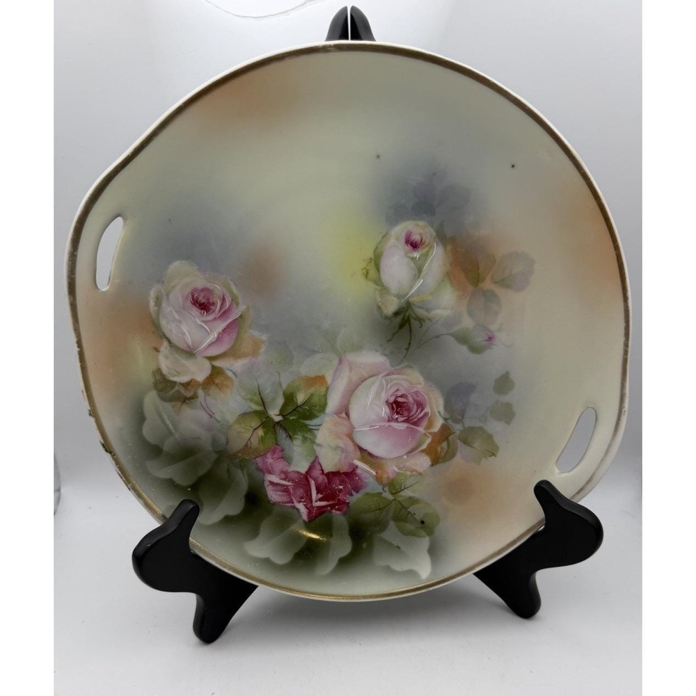 Vintage Hand Painted German Porcelain Floral Tray Roses Gold Rim 10" Handles